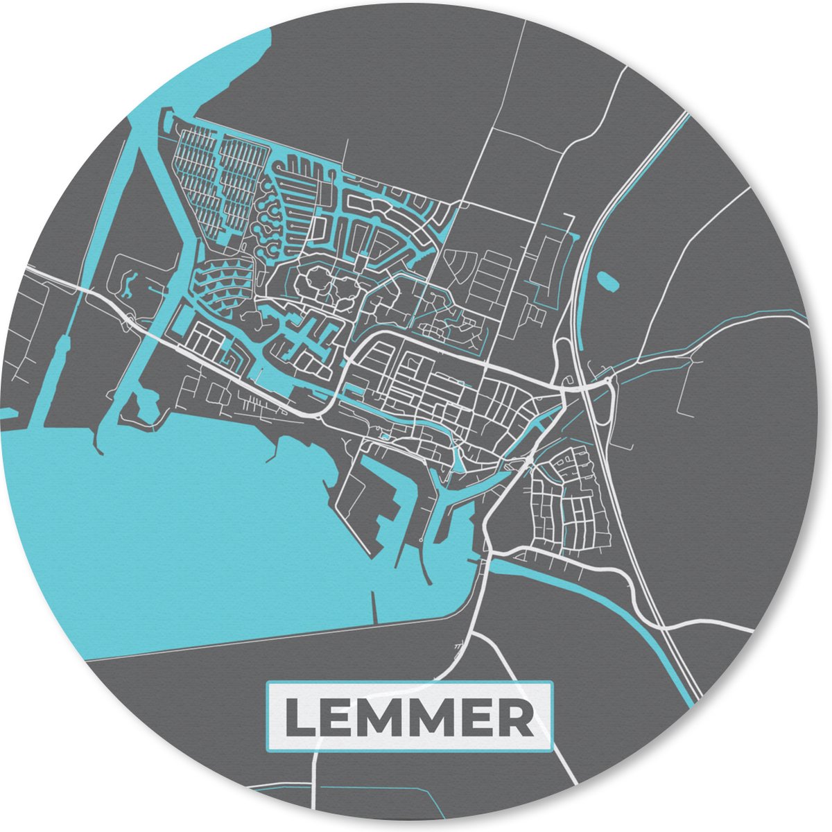 Muismat rond 20x20 cm - Mousepad Lemmer - Blauw - Kaart - Stadskaart - Plattegrond - Ronde muismatten - Stadskaart