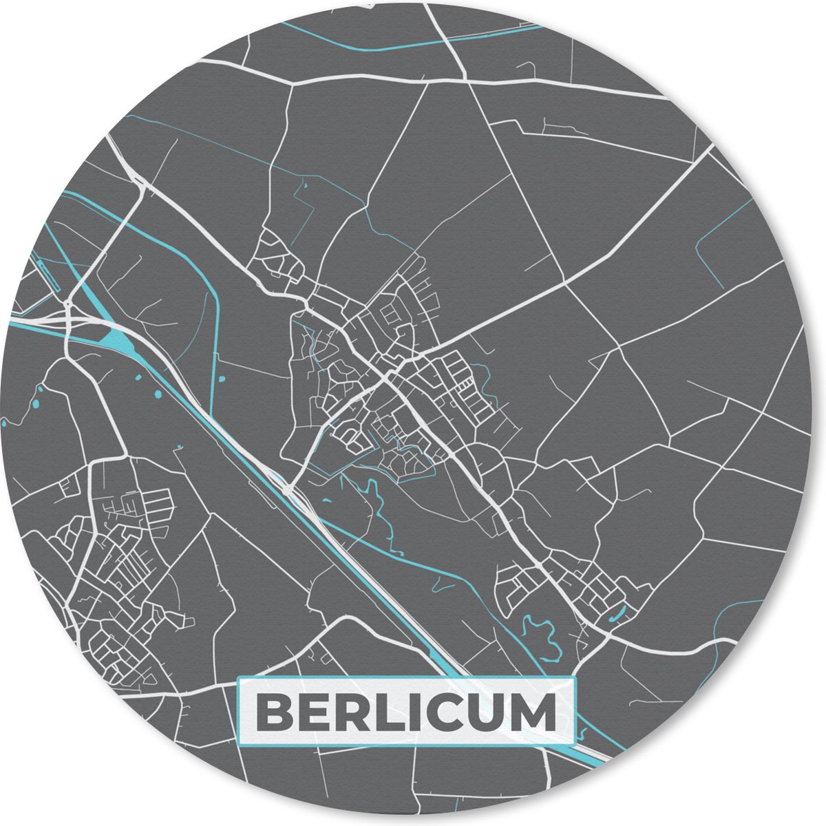 Muismat rond 50x50 cm - Mousepad Berlicum - Blauw - Stadskaart - Plattegrond - Kaart - Ronde muismatten - Stadskaart