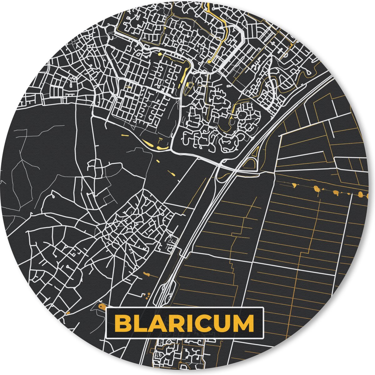 Muismat rond 30x30 cm - Mousepad Blaricum - Plattegrond - Kaart - Stadskaart - Black & gold - Ronde muismatten - Stadskaart