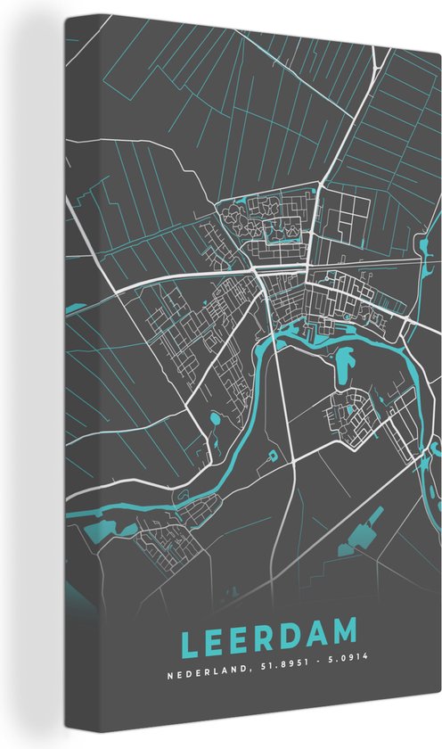 Canvas schilderij 90x140 cm - Wanddecoratie Leerdam - Plattegrond - Kaart - Stadskaart - Muurdecoratie woonkamer - Slaapkamer decoratie - Kamer accessoires - Schilderijen