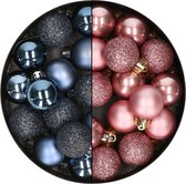 28x stuks kleine kunststof kerstballen velvet roze en nachtblauw 3 cm - kerstversiering