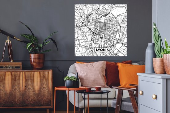 Muurstickers - Sticker Folie - Lyon - Stadskaart - Frankrijk - Kaart - Plattegrond - Zwart wit - 80x80 cm - Plakfolie - Muurstickers Kinderkamer - Zelfklevend Behang - Zelfklevend behangpapier - Stickerfolie