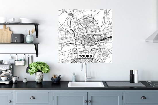Stickers muraux - France - Tours - Carte - Plan de la ville - Carte - Zwart et blanc - 80x80 cm - Film adhésif