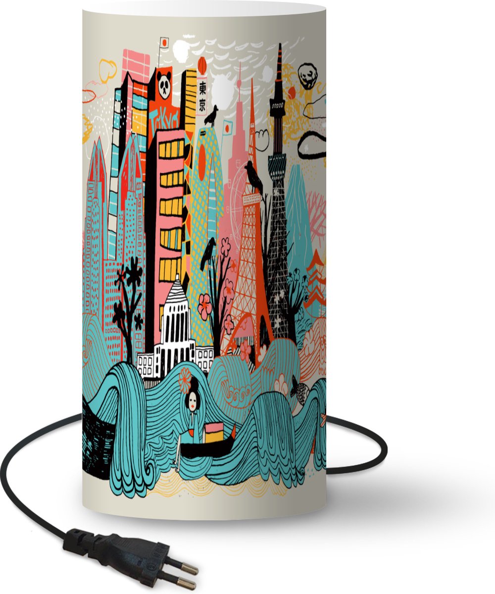 Lamp - Nachtlampje - Tafellamp slaapkamer - Kleurrijke illustratie van Tokyo - 54 cm hoog - Ø24.8 cm - Inclusief LED lamp