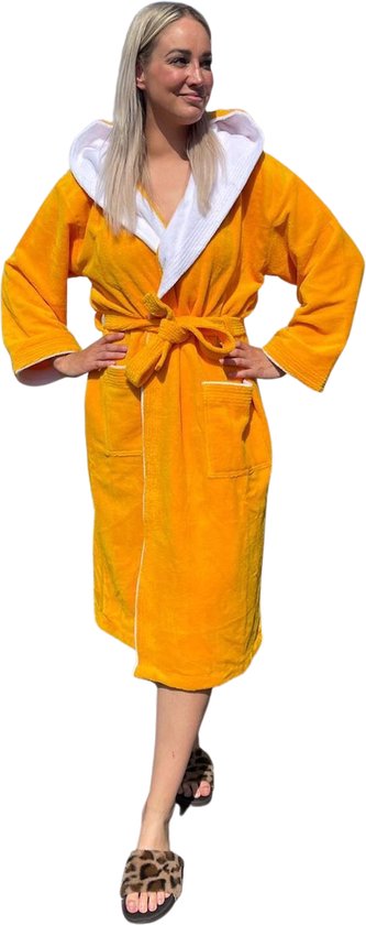 Luxe badjas bamboe katoen/fleece - met capuchon – saunabadjas – badjas dames – badjas heren - geel - maat L