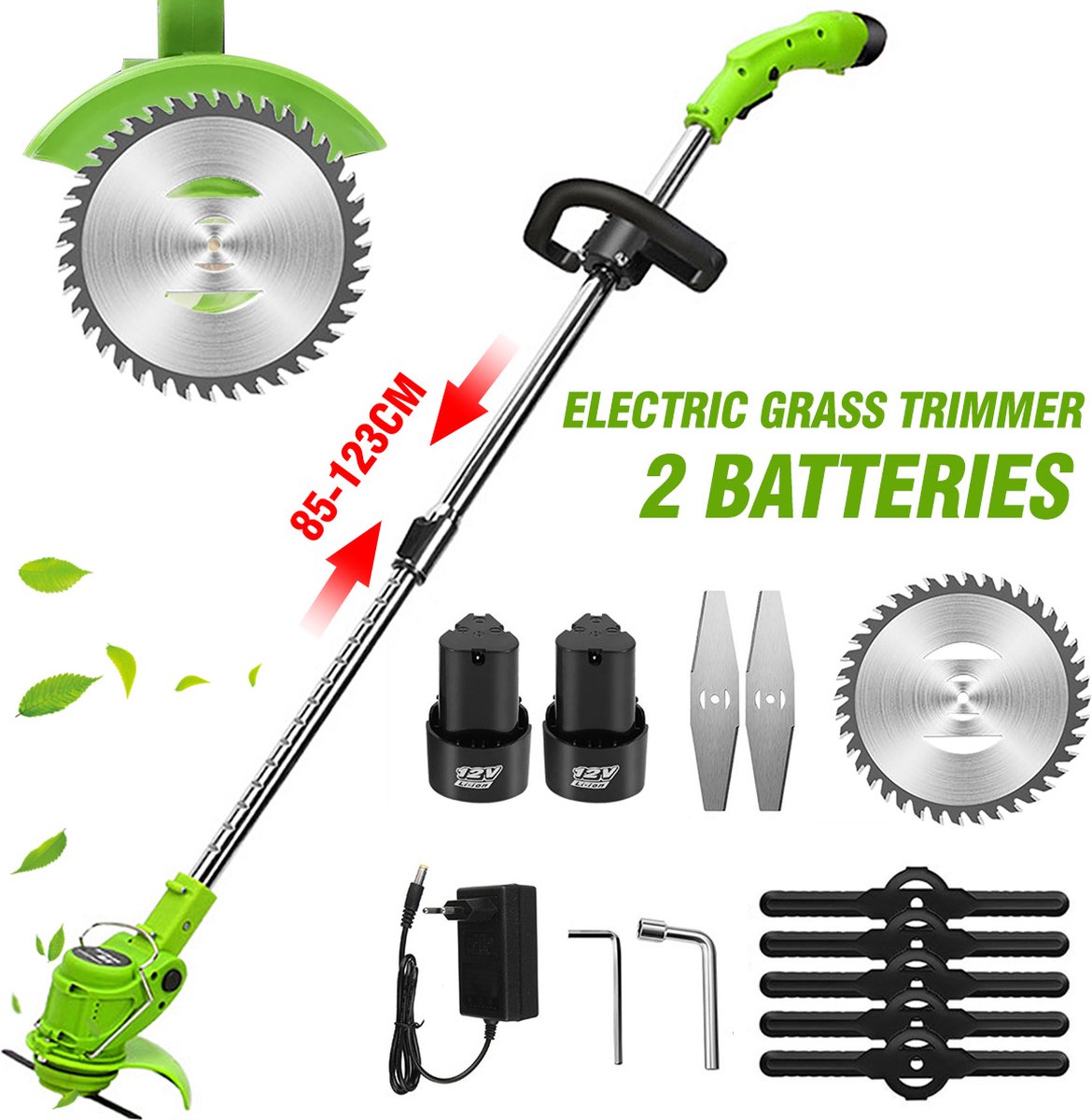 Drillpro Grastrimmer - Grasmaaiers - Draagbare Elektrisch - 450W 12V - met Instelbare steel en 2 Accu - Groen