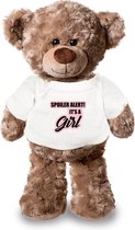 Spoiler alert Its a girl roze pluche teddybeer knuffel 24 cm wit t-shirt - Zwangerschapsaankondiging / gender reveal - Cadeau beer