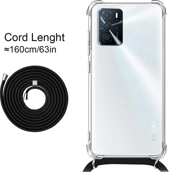 Coque de téléphone noire avec cordon, env. 160 cm de long. La coque transparente est mise sur un téléphone Oppo blanc avec une triple caméra.