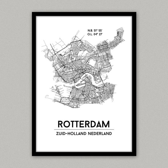 Rotterdam city poster, A4 zonder lijst,plattegrond poster, woonplaatsposter, woonposter