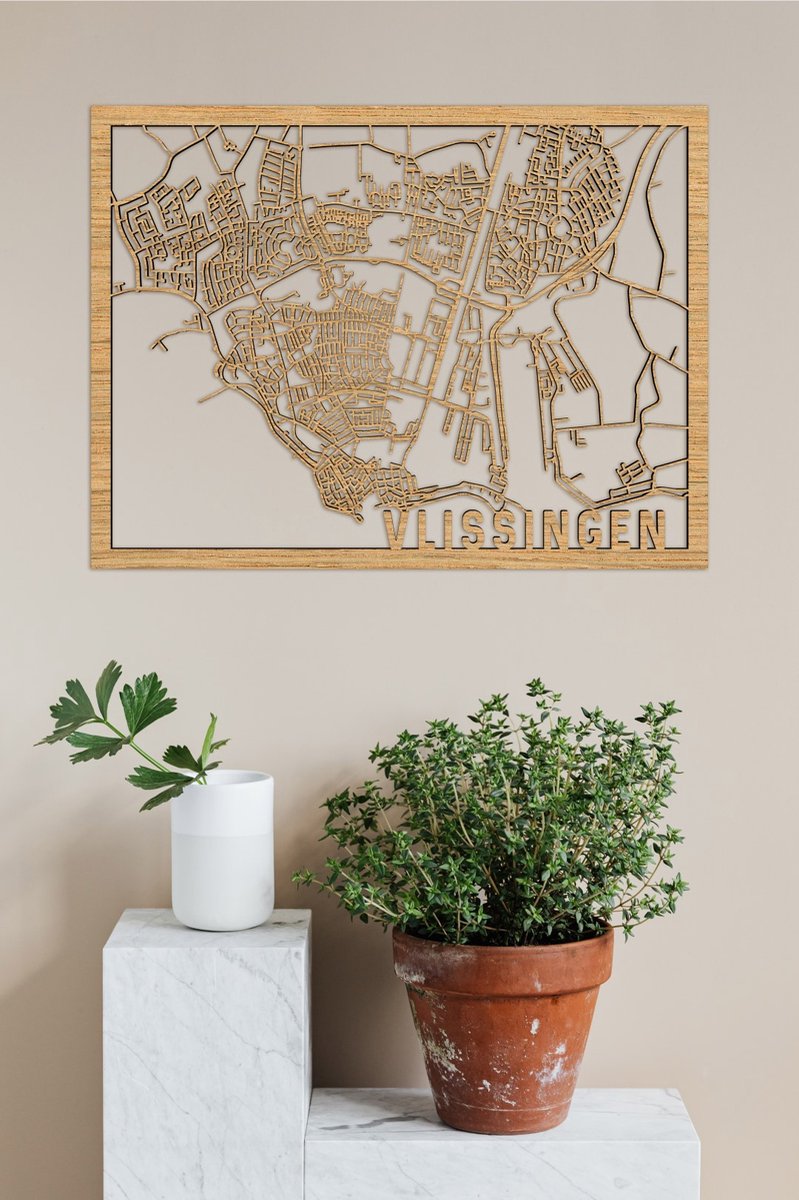 Houten Stadskaart Vlissingen Eikenhout 100x75cm Wanddecoratie Voor Aan De Muur City Shapes