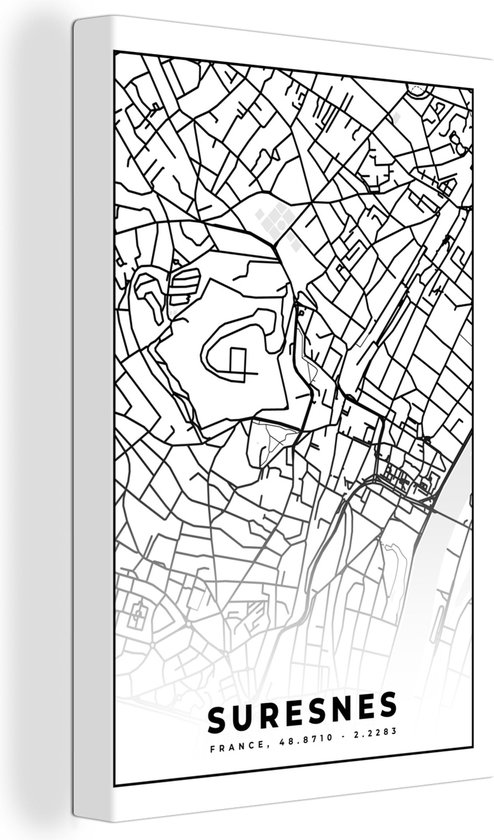 Tableau Peinture sur Toile Carte - Plan de Ville - Suresnes - France - Plan d'étage - Zwart et Blanc - 20x30 cm - Décoration murale
