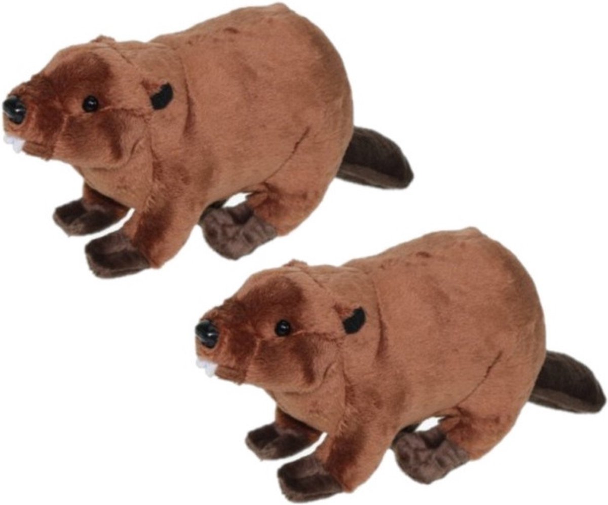 Cornelissen Pluche knuffel dier bever - 2x stuks - bruin - 24 cm