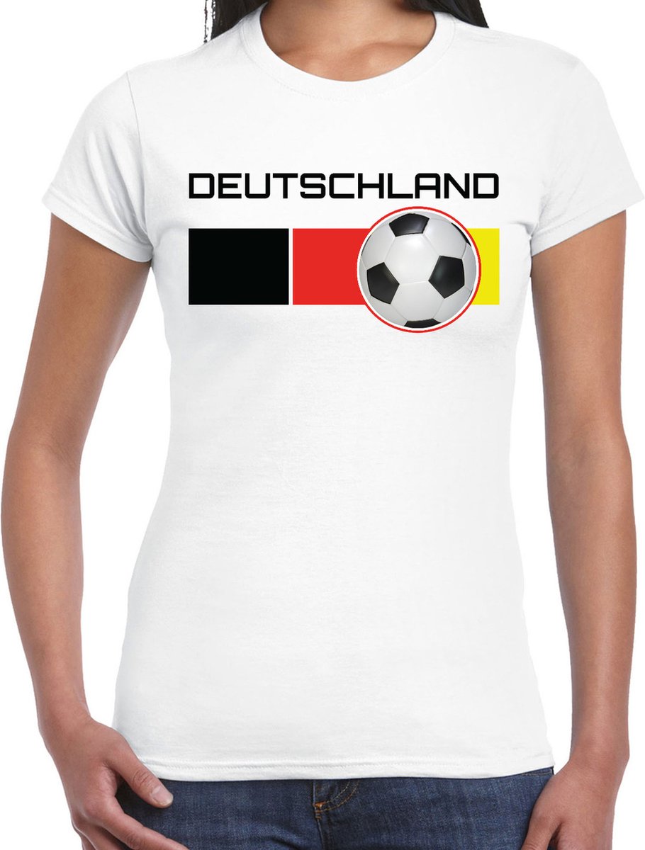 Deutschland / Duitsland voetbal / landen t-shirt met voetbal en Duitse vlag - wit - dames - Duitsland landen shirt / kleding - EK / WK / Voetbal shirts S