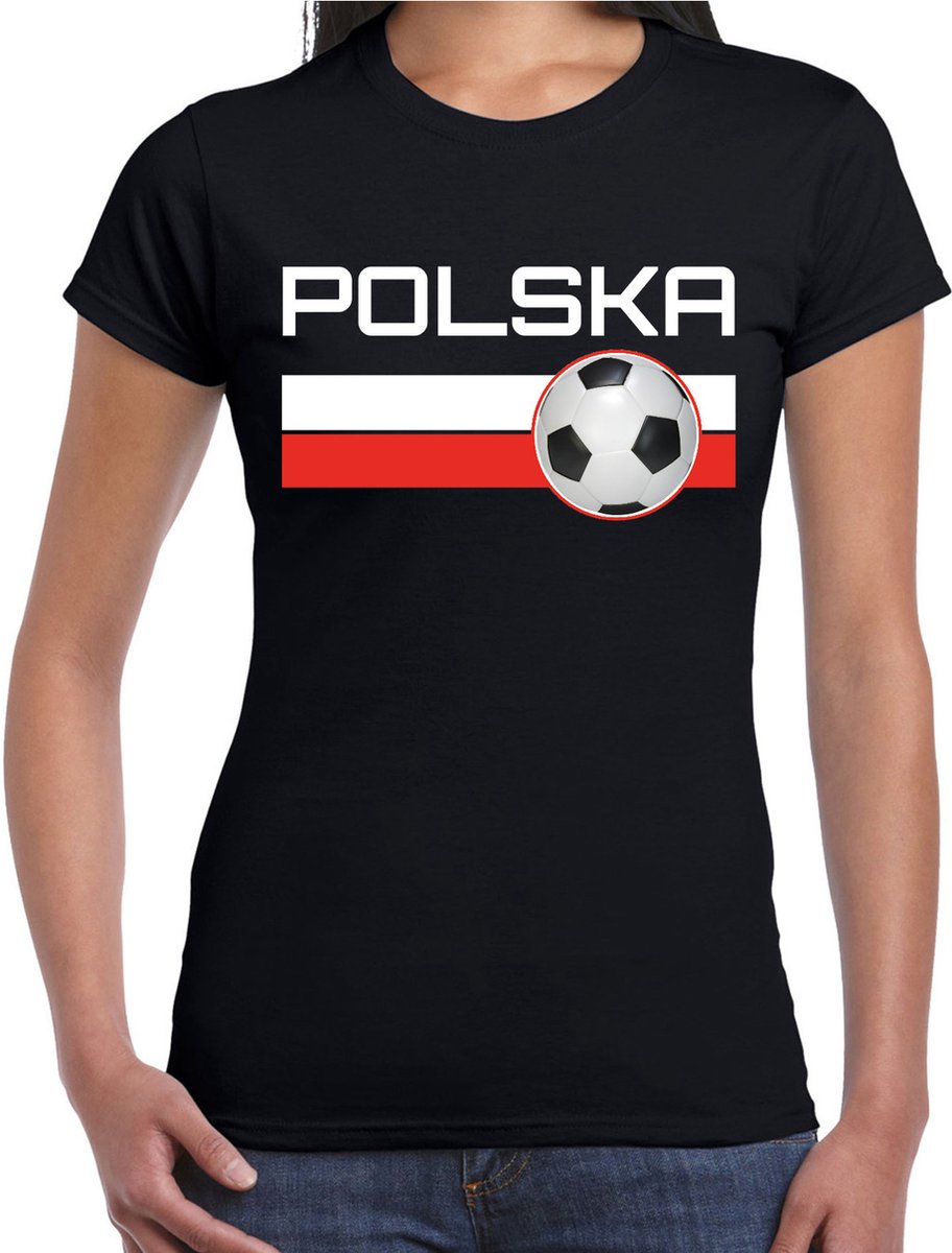 Polska / Polen voetbal / landen t-shirt met voetbal en Poolse vlag - zwart - dames - Polen landen shirt / kleding - EK / WK / Voetbal shirts XS