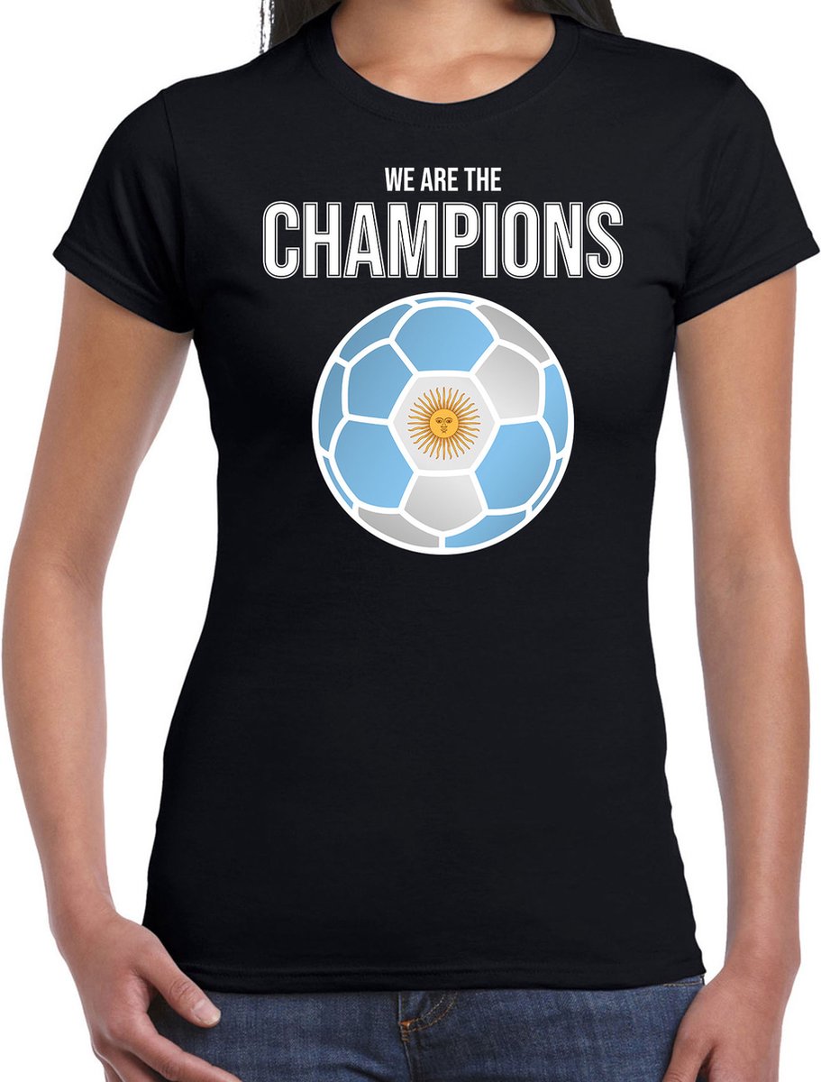 Argentinie WK supporter t-shirt - we are the champions met Argentijnse voetbal - zwart - dames - kleding / shirt M