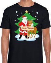 Foute Kerst t-shirt met de kerstman en rendier Rudolf zwart voor heren S