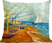 Sierkussens - Kussentjes Woonkamer - 45x45 cm - Vissersboten op het strand - Schilderij van Vincent van Gogh