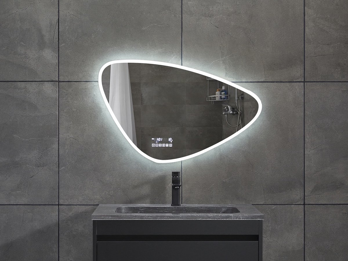 Mawialux LED Badkamerspiegel - Bluetooth en speakers - 80x50cm - Asymmetrisch - Verwarming - Touchscreen - Dimbaar - Catina PLUS
