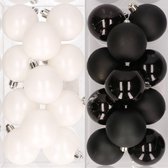 48x stuks kunststof kerstballen zwart en wit 6 cm - Kerstversiering/kerstboomversiering