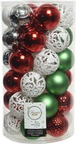 Decoris Kerstballen - 37st - kunststof - wit-rood-zilver - 6 cm