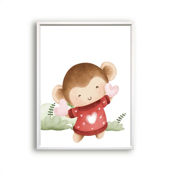 Poster Liefde Aapje Monkey - hartje / liefde geven / Jungle / Safari / Dieren Poster / Babykamer - Kinderposter 40x30cm