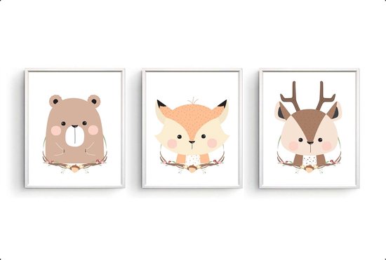 Poster Set 3 Lieve Vos Beer Hert - Bos Dieren - Kinderkamer - Dieren Poster - Babykamer - Kinderposter / Babyshower Cadeau - 50x40cm - PosterCity