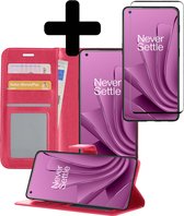 Hoesje Geschikt voor OnePlus 10 Pro Hoesje Book Case Hoes Wallet Cover Met Screenprotector - Hoes Geschikt voor OnePlus 10 Pro Hoesje Bookcase Hoes - Donkerroze