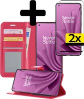 Hoesje Geschikt voor OnePlus 10 Pro Hoesje Book Case Hoes Wallet Cover Met 2x Screenprotector - Hoes Geschikt voor OnePlus 10 Pro Hoesje Bookcase Hoes - Donkerroze.
