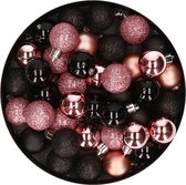 Set van 48x stuks kunststof kerstballen mix zwart en roze 3 cm - Kerstversiering