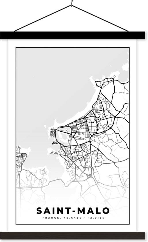 Porte-affiche avec Poster - Affiche scolaire - Saint-Malo - Plan - Carte - France - Plan de la ville - Zwart et blanc - 60x90 cm - Lattes noires