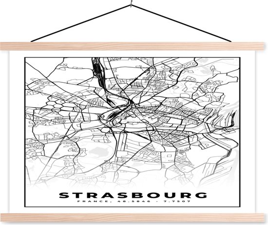 Posterhanger incl. Poster - Schoolplaat - Frankrijk - Kaart - Strasbourg - Plattegrond - Stadskaart - Zwart wit - 150x100 cm - Blanke latten - Plattegrond