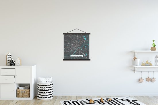 Posterhanger incl. Poster 40x40 cm - Schoolplaat - Stadskaart – Plattegrond – Duitsland – Blauw – Oldenburg – Kaart - Textielposter - Zwarte latten - Stadskaart