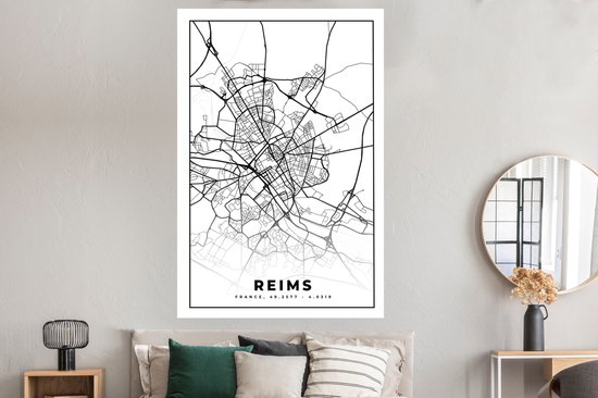 Affiche Carte - Carte - Reims - France - Plan de la ville - Zwart et blanc - 120x180 cm XXL