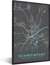 Fotolijst incl. Poster - Kaart – Plattegrond – Stadskaart – Schweinfurt – Duitsland – Blauw - 60x90 cm - Posterlijst
