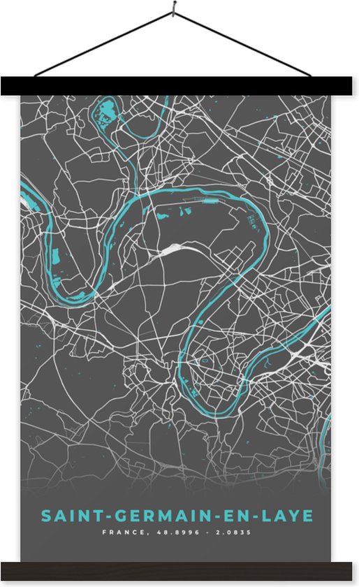 Porte-affiche avec Poster - Affiche scolaire - Saint-Germain-en-Laye - Plan de la ville - Carte - Plan - France - 40x60 cm - Lattes noires