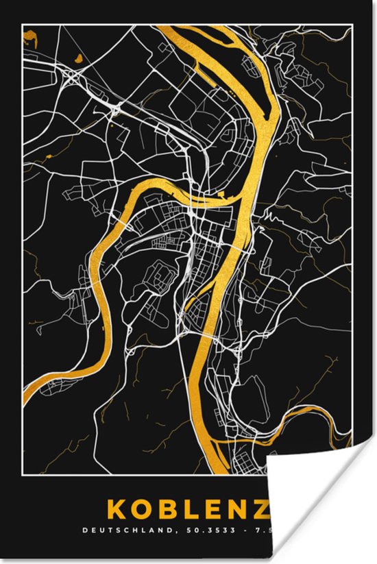 Poster City Map – Carte – Allemagne – Or – Koblenz – Carte - 20x30 cm