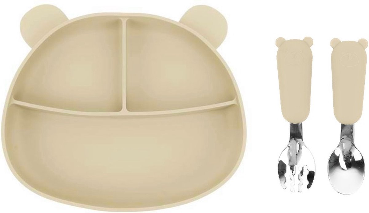 Goedkoopste Beervorm Kinderbord Beige met Bestek - Baby bord met Zuignap - Kinderservies