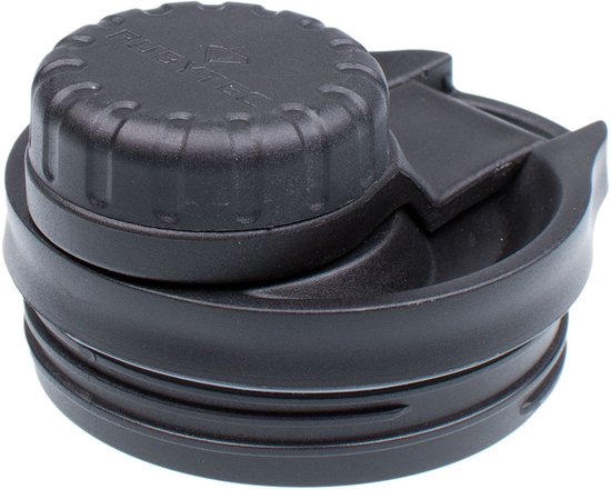 Zwart thermosdeksel met draaidop en drinkknop.