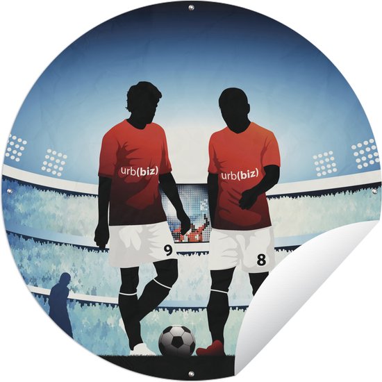 Tuincirkel Een illustratie van twee voetballers in een stadion - Jongens - Meiden - Kids - 90x90 cm - Ronde Tuinposter - Buiten
