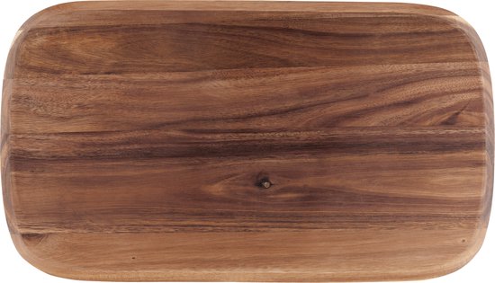 Houten snijplank met een egale bruine kleur en afgeronde hoeken, van bovenaf gefotografeerd.
