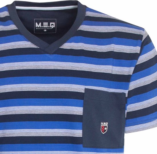 Blauw gestreepte pyjamatop met V-hals, korte mouwen, borstzakje met logo.