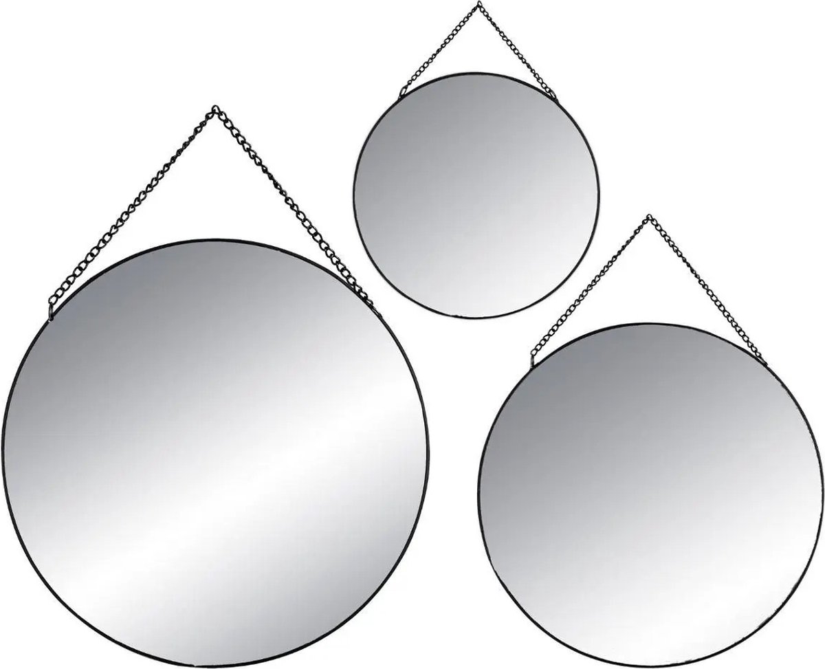 Atmosphera Wandspiegels - set van 3x st - rond - zwart - metaal - met ketting - spiegels