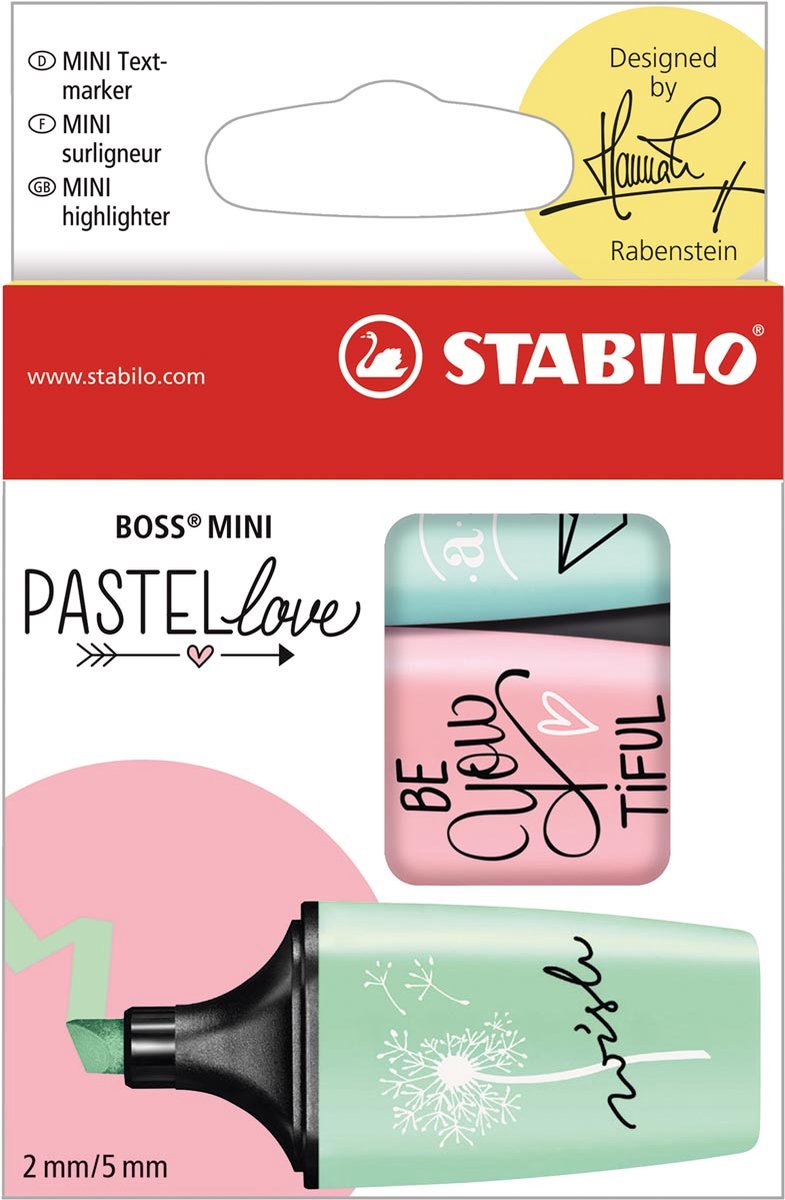 STABILO BOSS MINI Pastellove markeerstift, doosje van 3 stuks in geassorteerde pastelkleuren