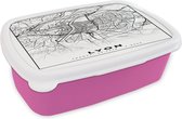 Broodtrommel Roze - Lunchbox - Brooddoos - Lyon - Stadskaart - Plattegrond - Kaart - Frankrijk - Zwart wit - 18x12x6 cm - Kinderen - Meisje