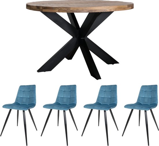 Home67 Set - Table à manger Bob ø130 cm + 4 x Chaise de salle à manger Galgary - Velours Petrol