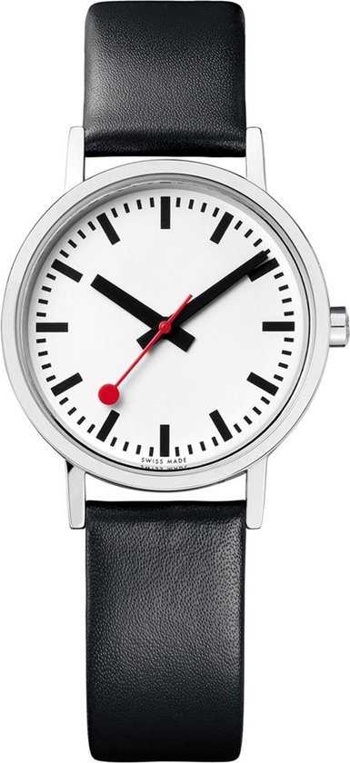 Wit horloge met zwarte band. Zwarte wijzers en rode secondewijzer. Zilverkleurige kast.