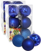 24x stuks kerstballen blauw mix van mat/glans/glitter kunststof diameter 6 cm - Kerstboom versiering