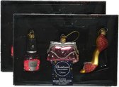 6x stuks glazen kersthangers nagellakjes, handtassen en pumps kerstornamenten - Beauty kerstboomversiering