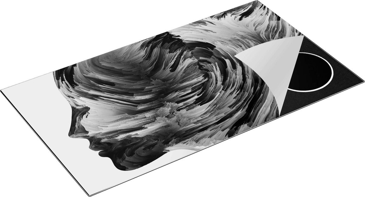 Chefcare Inductie Beschermer Abstracte Kunst van een Gezicht - Hoofd - Zwart Wit - 95x50 cm - Afdekplaat Inductie - Kookplaat Beschermer - Inductie Mat