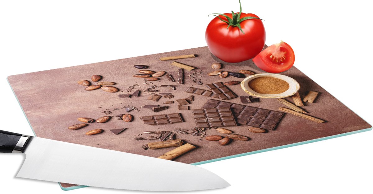 Glazen Snijplank - 28x20 - Chocolade - Kaneel - Noten - Keuken - Snijplanken Glas